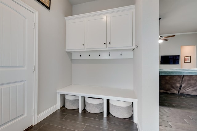 mudroom featuring ceiling fan and ornamental molding