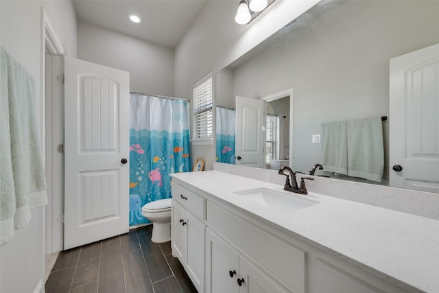 bathroom with vanity, curtained shower, and toilet