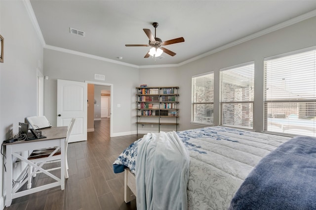 bedroom with dark hardwood / wood-style floors, ceiling fan, and crown molding