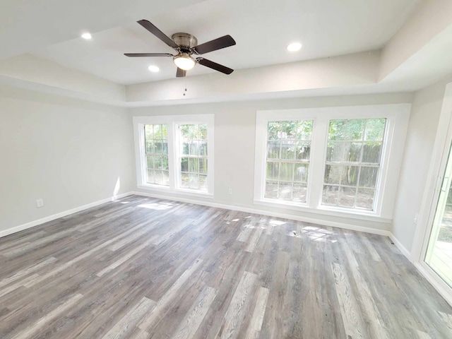 unfurnished room featuring a raised ceiling, ceiling fan, and light wood-type flooring