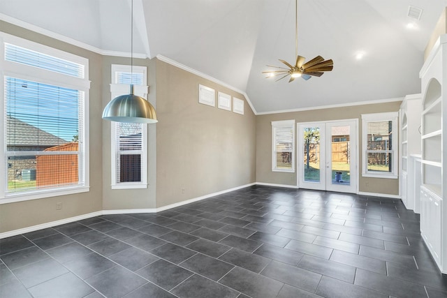 unfurnished living room featuring ceiling fan and high vaulted ceiling