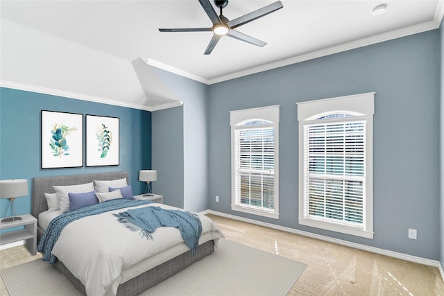 carpeted bedroom featuring ceiling fan and ornamental molding