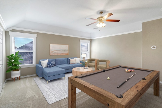 playroom featuring billiards, lofted ceiling, carpet, ceiling fan, and crown molding