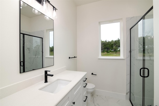full bath featuring marble finish floor, baseboards, a marble finish shower, and plenty of natural light