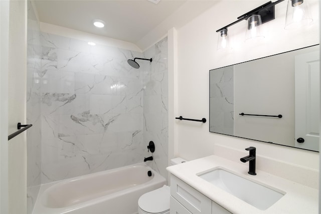 full bathroom featuring bathing tub / shower combination, vanity, recessed lighting, and toilet