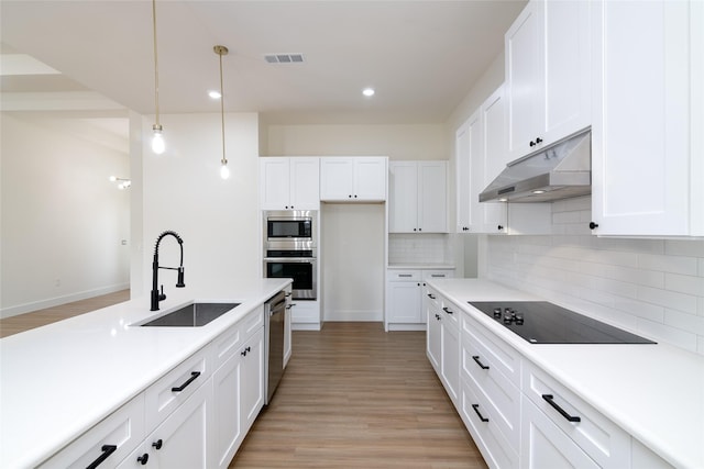kitchen featuring under cabinet range hood, visible vents, a sink, decorative backsplash, and appliances with stainless steel finishes