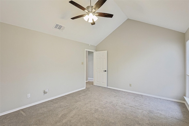 unfurnished room with high vaulted ceiling, ceiling fan, and carpet flooring