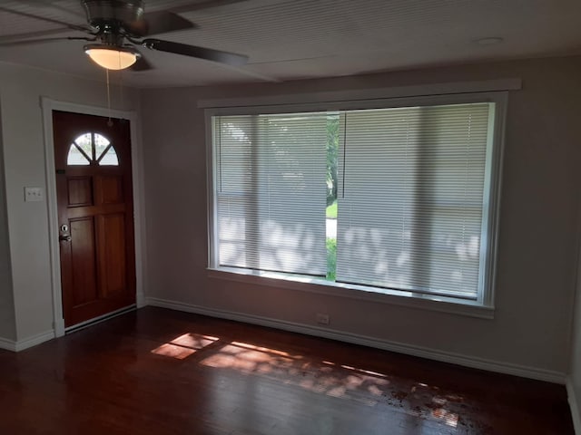 entrance foyer with dark hardwood / wood-style floors and ceiling fan