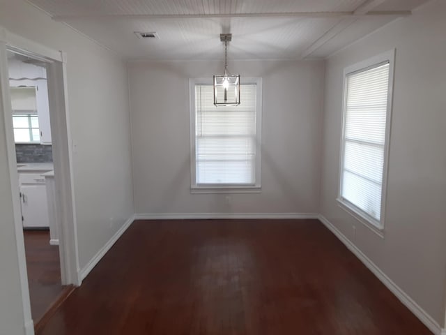 unfurnished dining area with a wealth of natural light and dark hardwood / wood-style floors