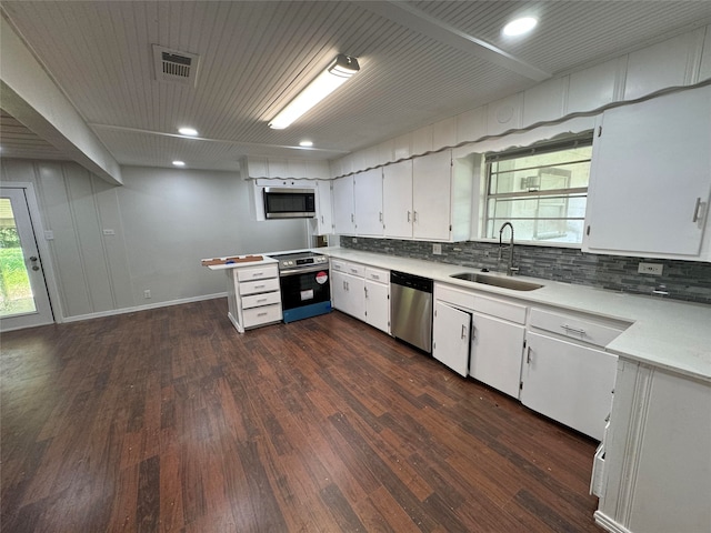 kitchen with sink, white cabinets, dark hardwood / wood-style flooring, decorative backsplash, and stainless steel appliances