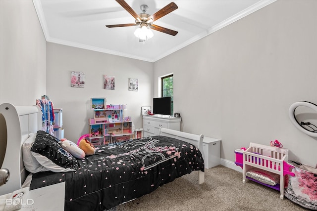 bedroom with carpet flooring, ceiling fan, and ornamental molding