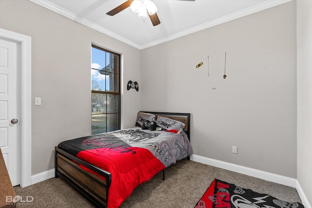 carpeted bedroom with ceiling fan and ornamental molding