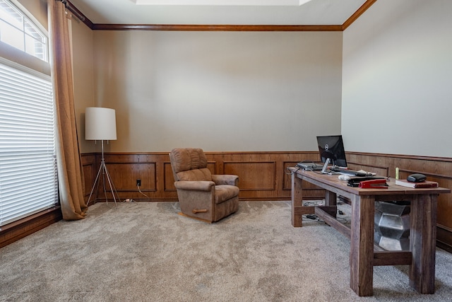 carpeted home office with ornamental molding