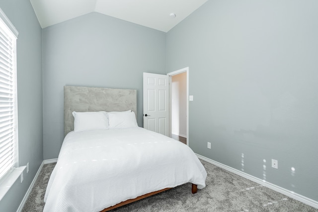 bedroom featuring carpet flooring and vaulted ceiling