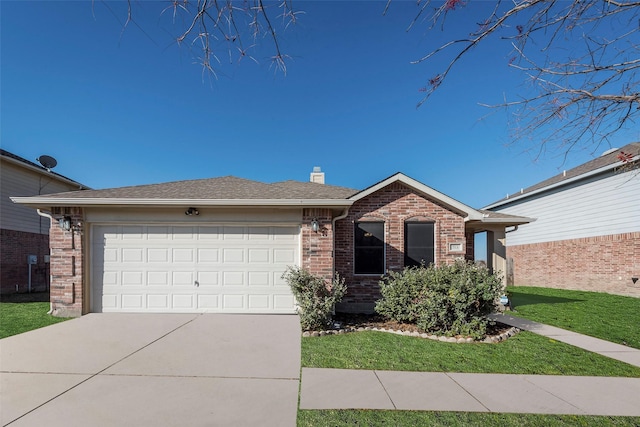 ranch-style home with a garage and a front lawn