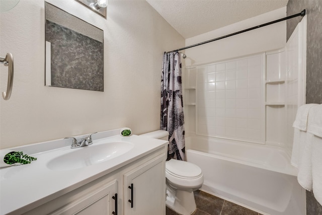 bathroom featuring shower / bathtub combination with curtain, toilet, a textured ceiling, vanity, and tile patterned floors