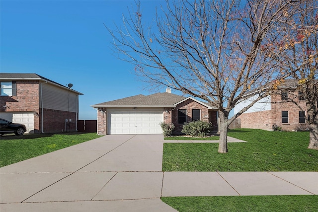 view of front of property featuring brick siding, a shingled roof, a front yard, a garage, and driveway