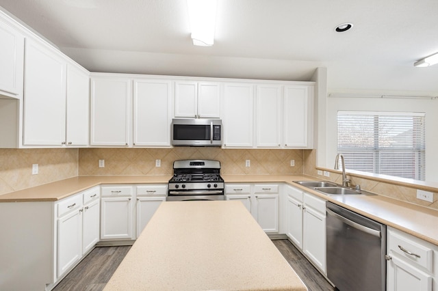 kitchen with decorative backsplash, dark hardwood / wood-style flooring, stainless steel appliances, sink, and white cabinetry