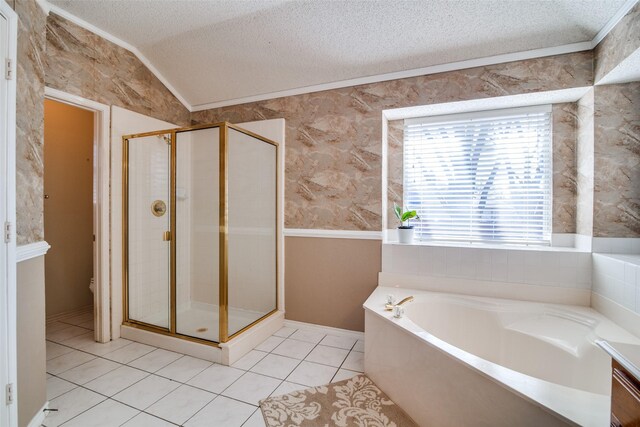 bathroom featuring tile patterned floors, ornamental molding, a textured ceiling, independent shower and bath, and lofted ceiling