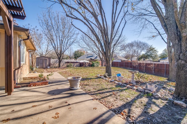 view of yard with a patio area and a storage shed