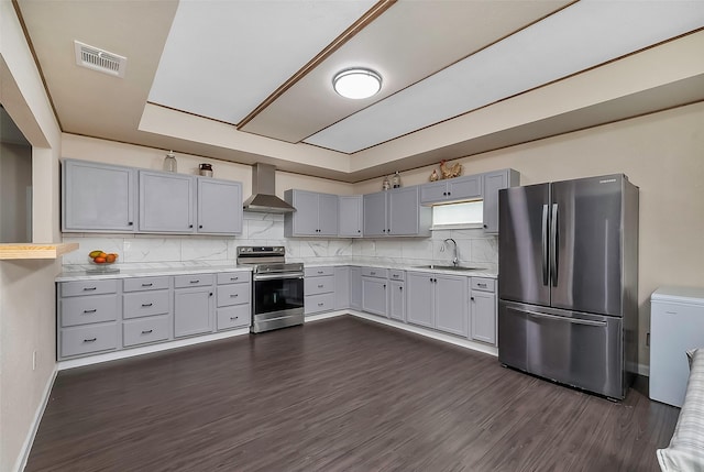 kitchen with sink, appliances with stainless steel finishes, gray cabinetry, tasteful backsplash, and wall chimney exhaust hood