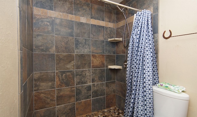 bathroom with a shower with curtain and toilet