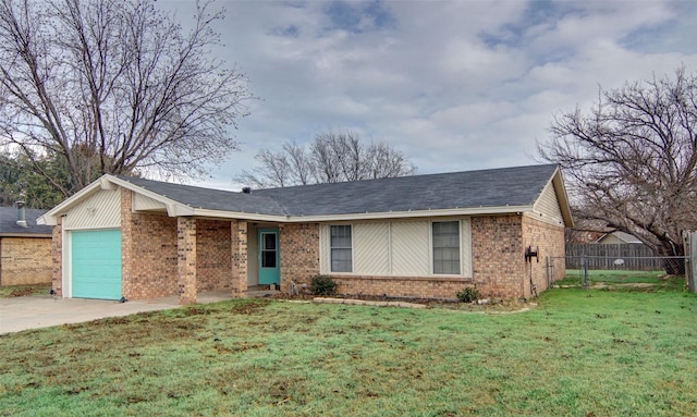 single story home with a garage and a front yard