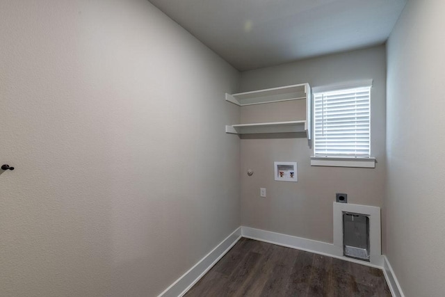 laundry area with hookup for an electric dryer, hookup for a washing machine, dark hardwood / wood-style flooring, and hookup for a gas dryer