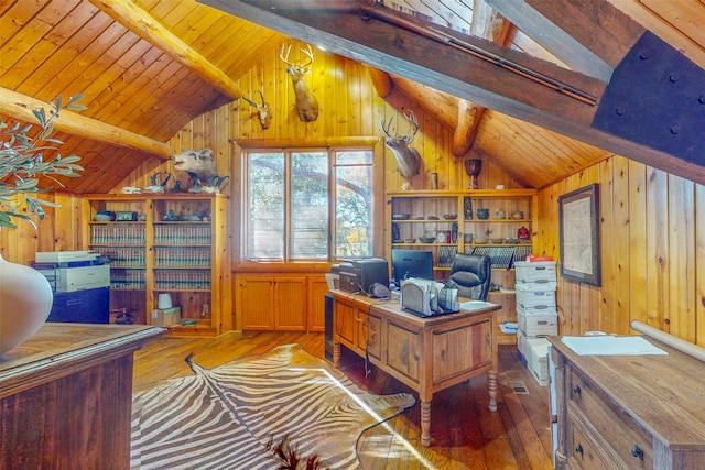 office space with lofted ceiling with beams, wood walls, wooden ceiling, and dark wood-type flooring