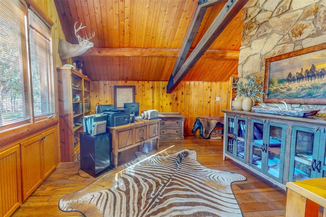 home office featuring vaulted ceiling with beams, wood-type flooring, wooden walls, and wooden ceiling