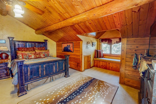 bedroom featuring vaulted ceiling with beams, wooden walls, and wooden ceiling