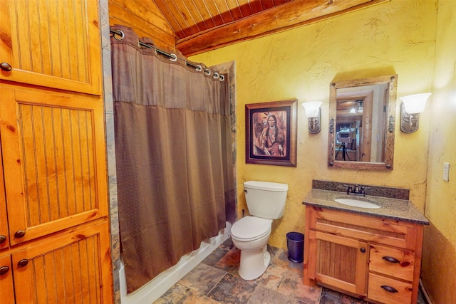 bathroom with lofted ceiling with beams, vanity, wood ceiling, and toilet