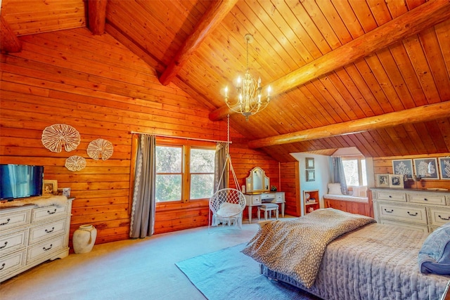 bedroom with vaulted ceiling with beams, wood walls, and wood ceiling