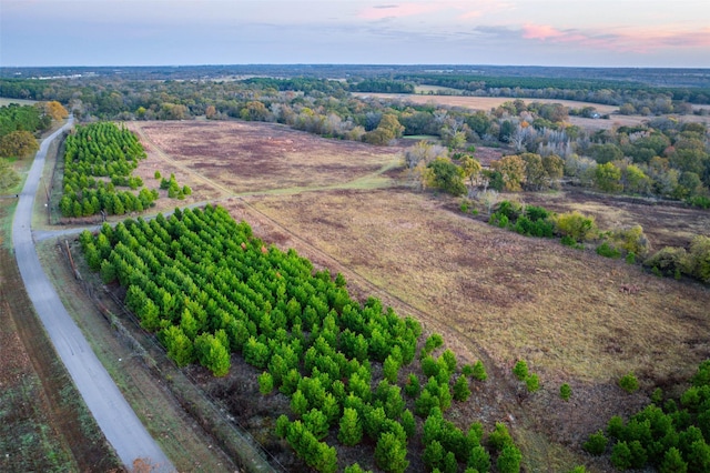 aerial view at dusk featuring a rural view