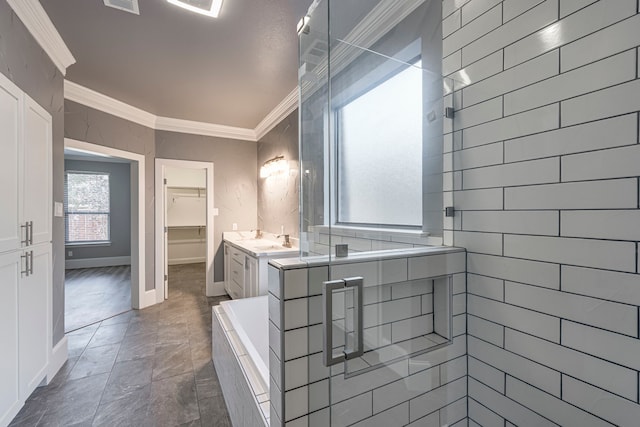 bathroom with crown molding, vanity, and a shower with door