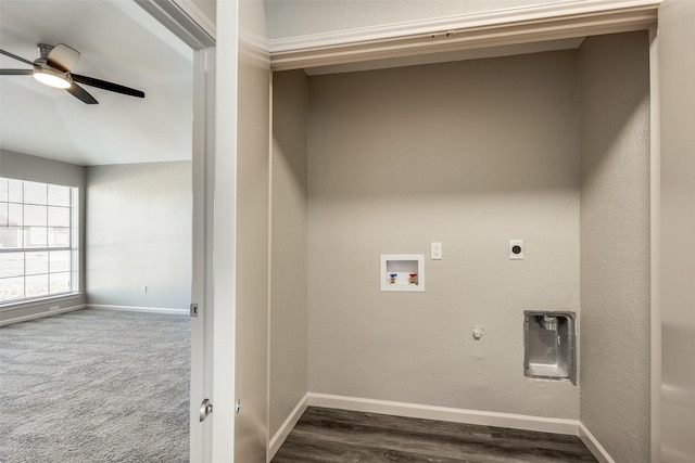 laundry room featuring electric dryer hookup, dark carpet, gas dryer hookup, washer hookup, and ceiling fan