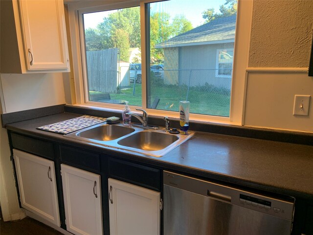 kitchen featuring dishwasher, white cabinetry, and sink