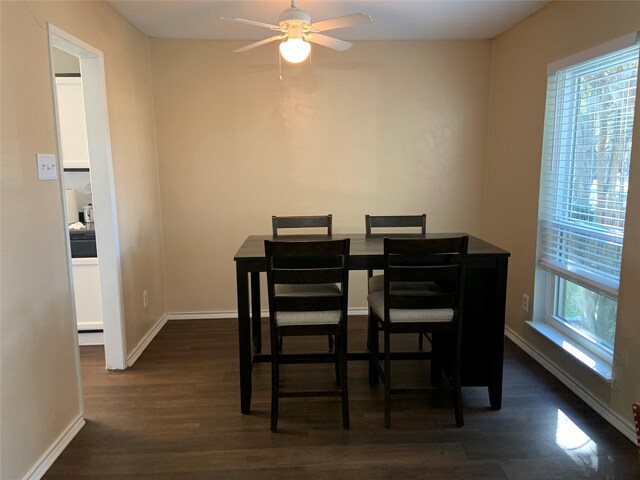 dining room featuring ceiling fan and dark hardwood / wood-style flooring