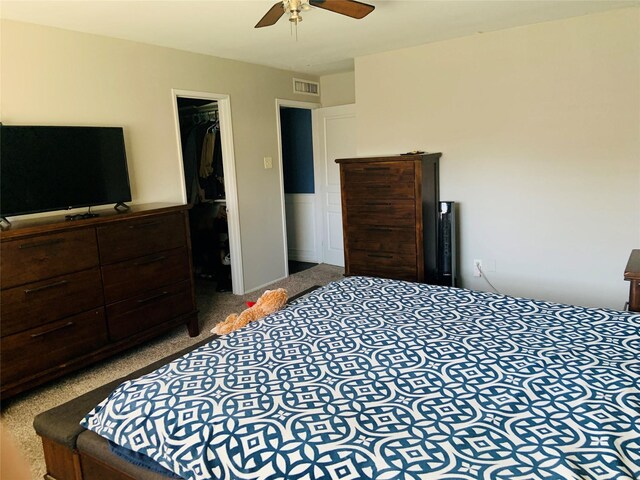 bedroom with carpet flooring, a walk in closet, a closet, and ceiling fan