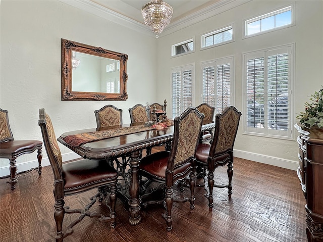 6565 Rockridge Trl, Aubrey, TX 76227 - dining area with baseboards, ornamental molding, a chandelier, and dark wood finished floors