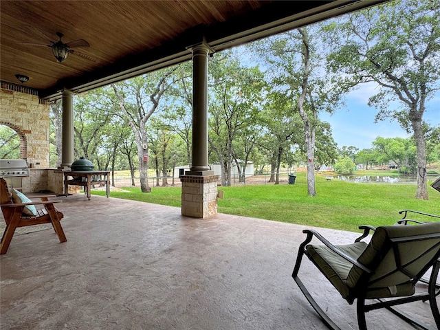 6565 Rockridge Trl, Aubrey, TX 76227 - view of patio / terrace featuring a water view and ceiling fan