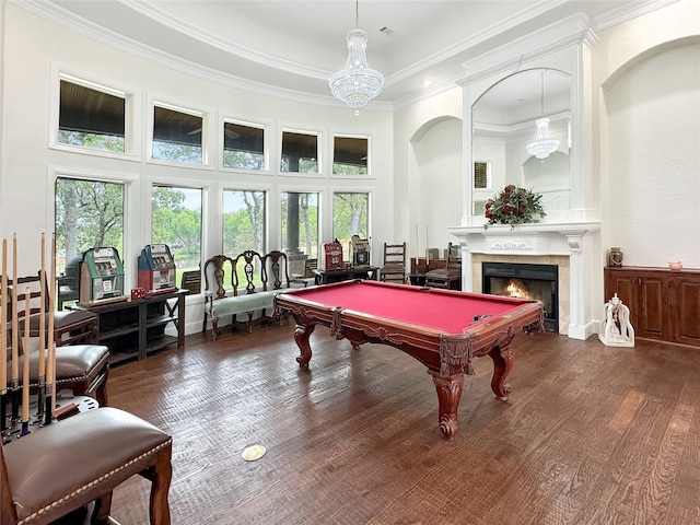 6565 Rockridge Trl, Aubrey, TX 76227 - recreation room with plenty of natural light, ornamental molding, a fireplace, billiards, and a high ceiling
