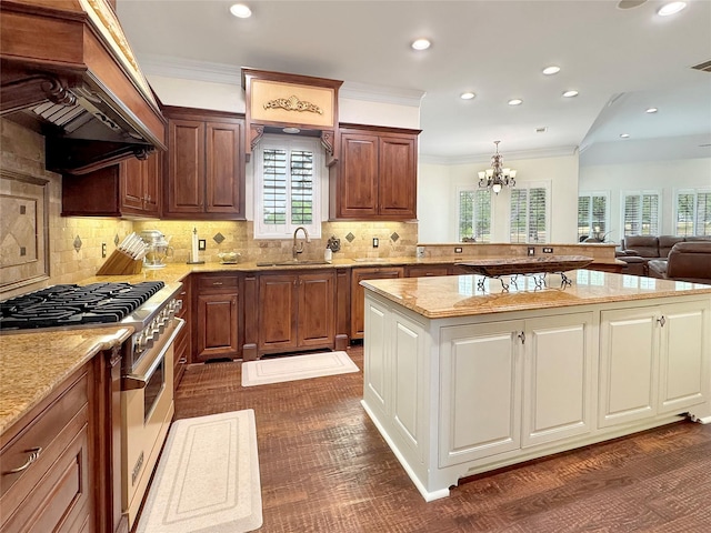 6565 Rockridge Trl, Aubrey, TX 76227 - kitchen with stainless steel range, a sink, premium range hood, a chandelier, and ornamental molding