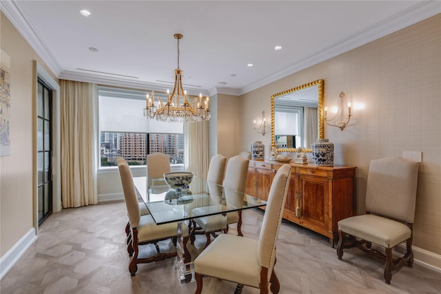 dining room with ornamental molding, a chandelier, and light parquet flooring