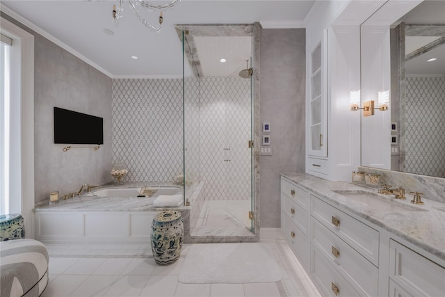 bathroom with tile patterned flooring, ornamental molding, vanity, and plus walk in shower