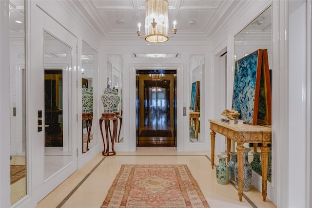 foyer with coffered ceiling, tile patterned flooring, and a notable chandelier