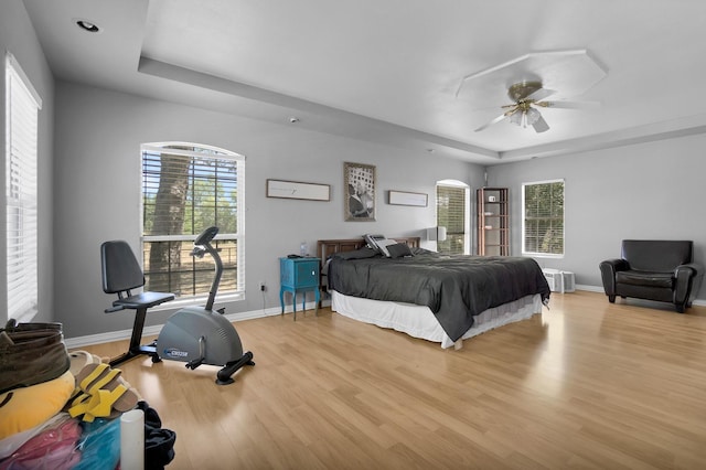 bedroom featuring multiple windows, a tray ceiling, light hardwood / wood-style flooring, and ceiling fan