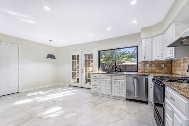 kitchen with dishwasher, french doors, black range with gas stovetop, sink, and white cabinetry