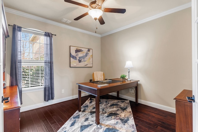 10014 Edgeway Cir, Rowlett, TX 75089 - office space featuring hardwood / wood-style floors, baseboards, ornamental molding, and a ceiling fan