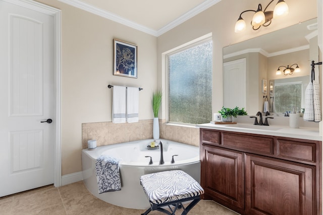10014 Edgeway Cir, Rowlett, TX 75089 - bathroom with vanity, a bath, crown molding, healthy amount of natural light, and tile patterned floors